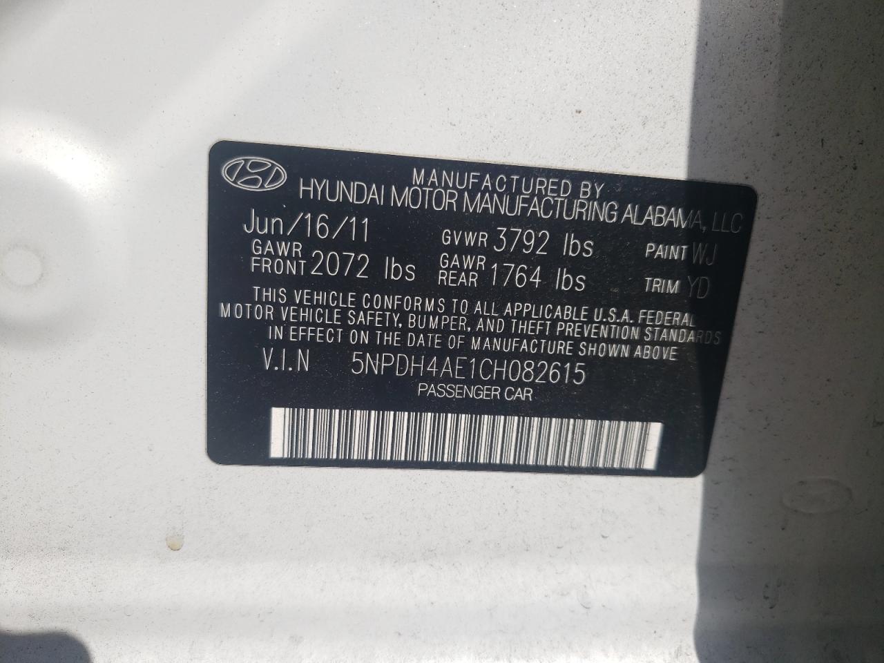 Photo 10 from auction – 2012 HYUNDAI ELANTRA with VIN 5NPDH4AE1CH082615