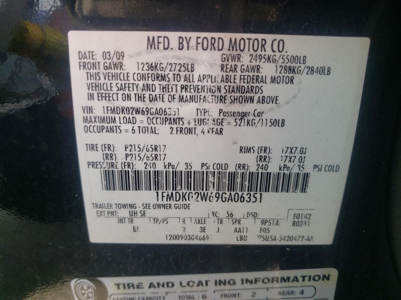 Photo 10 from auction – 2009 FORD TAURUS X S with VIN 1FMDK02W69GA06351