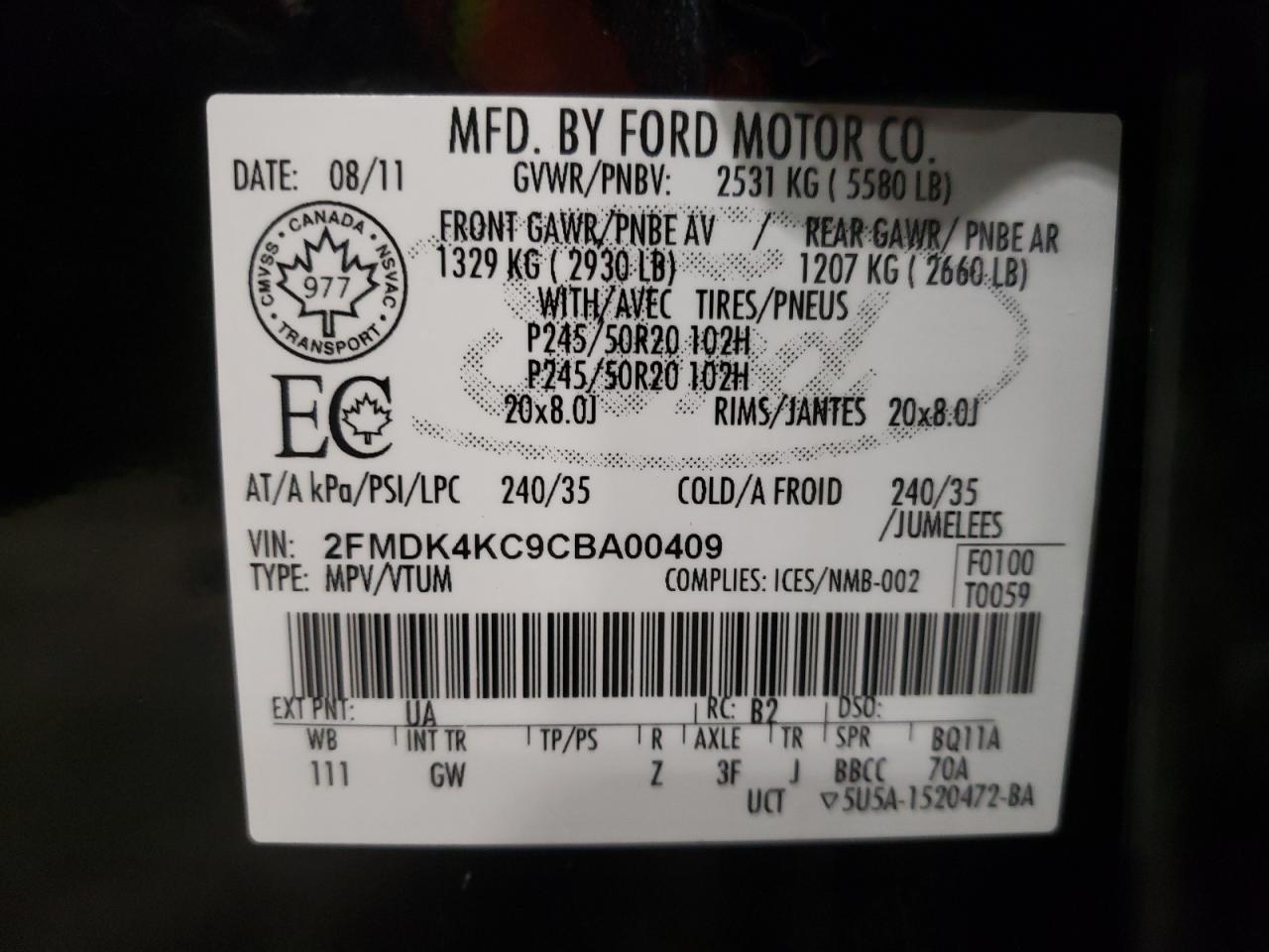 Photo 10 from auction – 2012 FORD EDGE LIMIT with VIN 2FMDK4KC9CBA00409