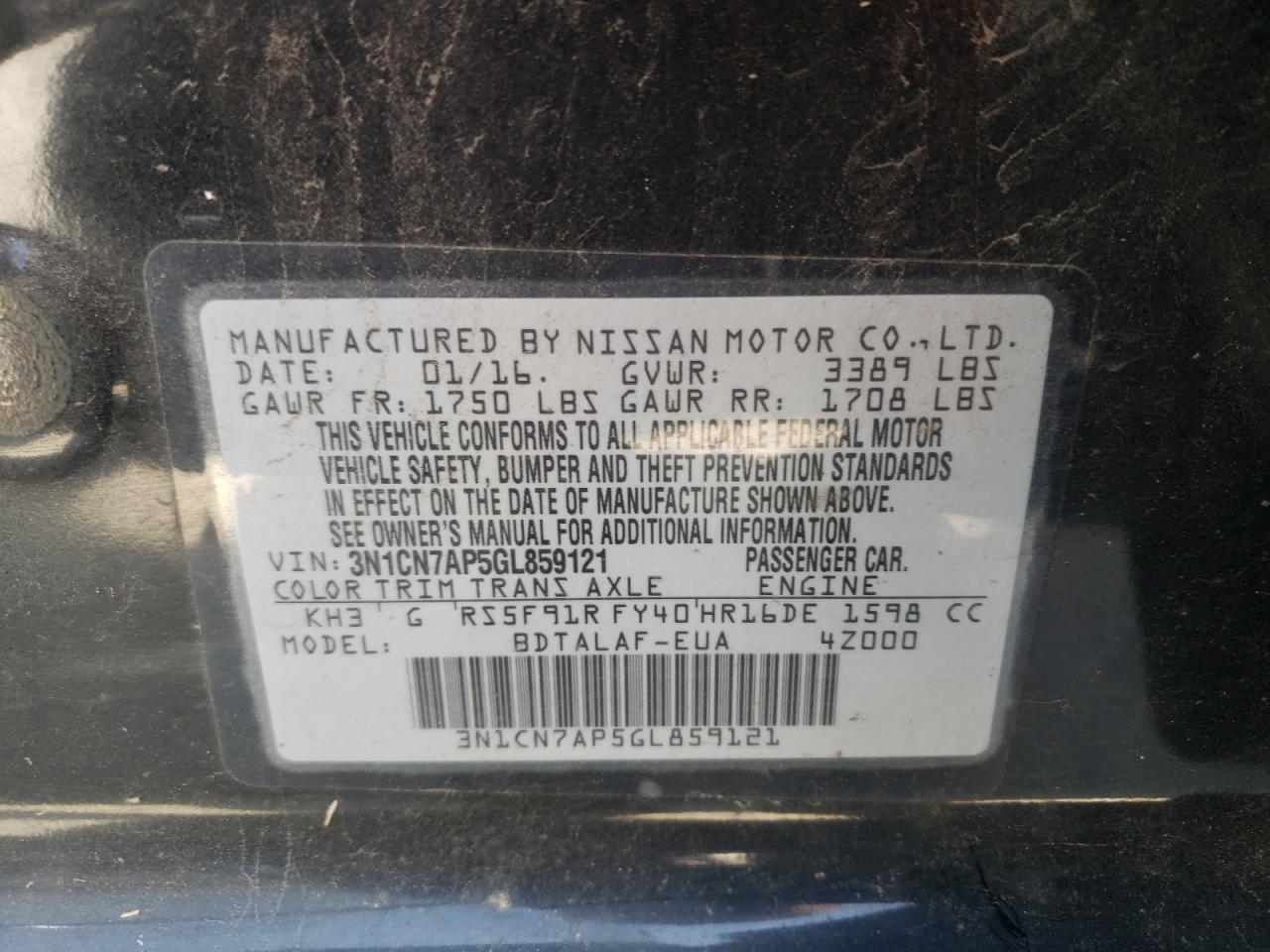 Photo 10 from auction – 2016 NISSAN VERSA S with VIN 3N1CN7AP5GL859121
