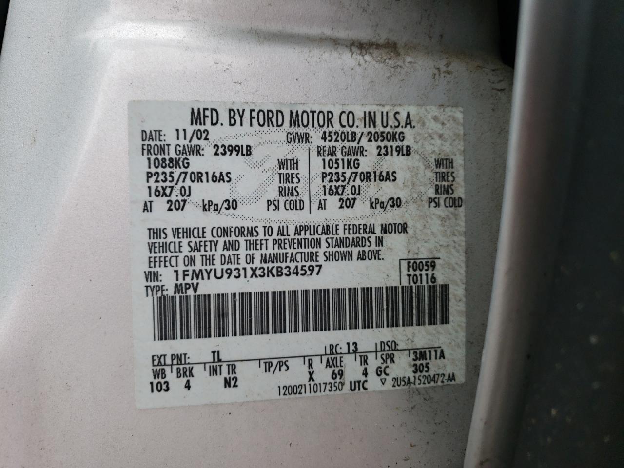 Photo 10 from auction – 2003 FORD ESCAPE XLT with VIN 1FMYU931X3KB34597