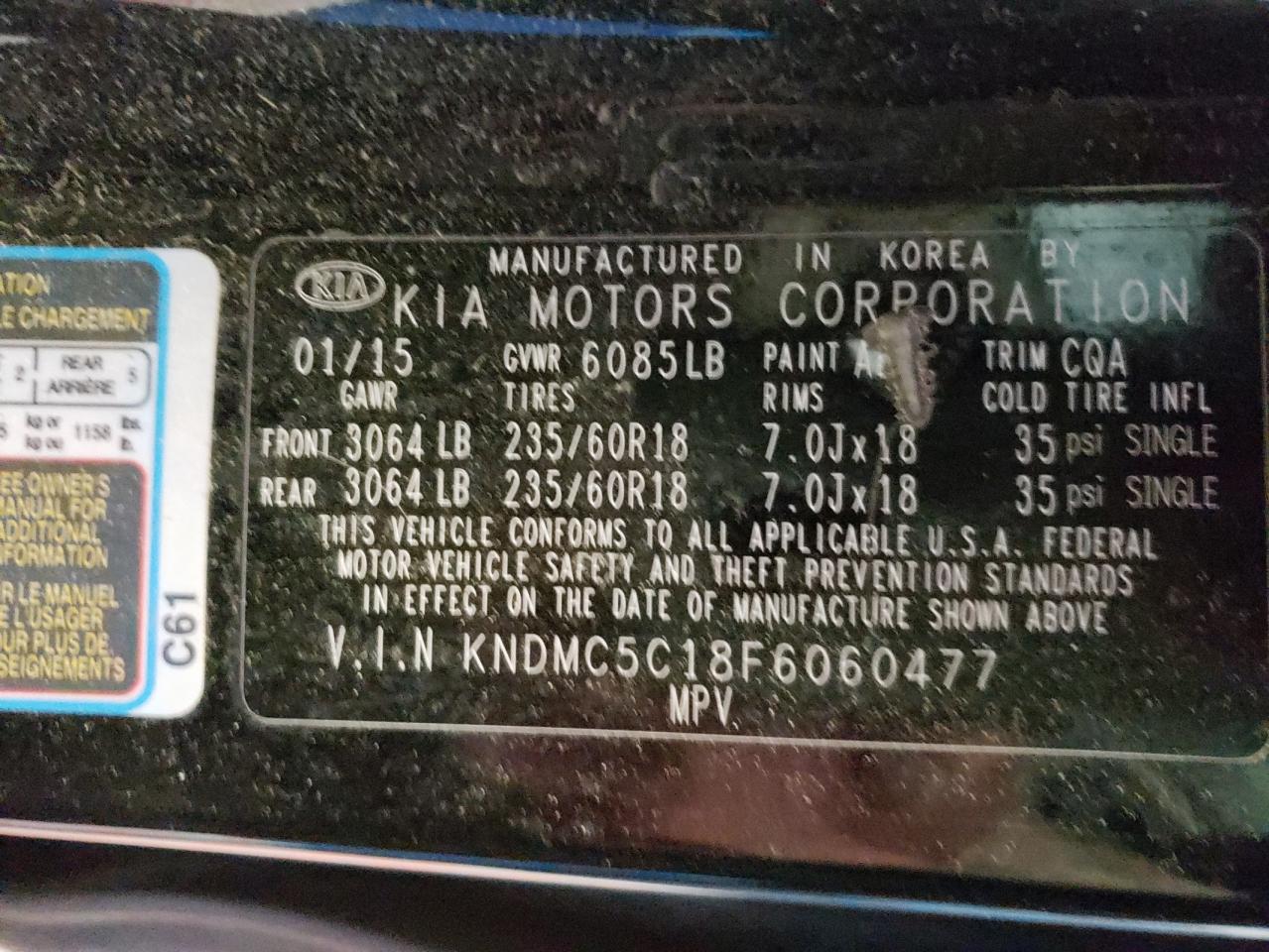 Photo 10 from auction – 2015 KIA SEDONA EX with VIN KNDMC5C18F6060477