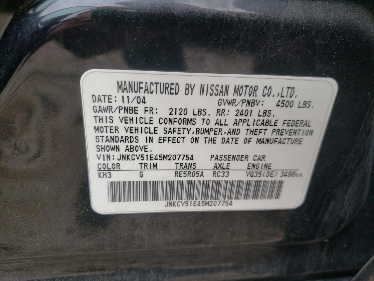 Photo 10 from auction – 2005 INFINITI G35 with VIN JNKCV51E45M207754