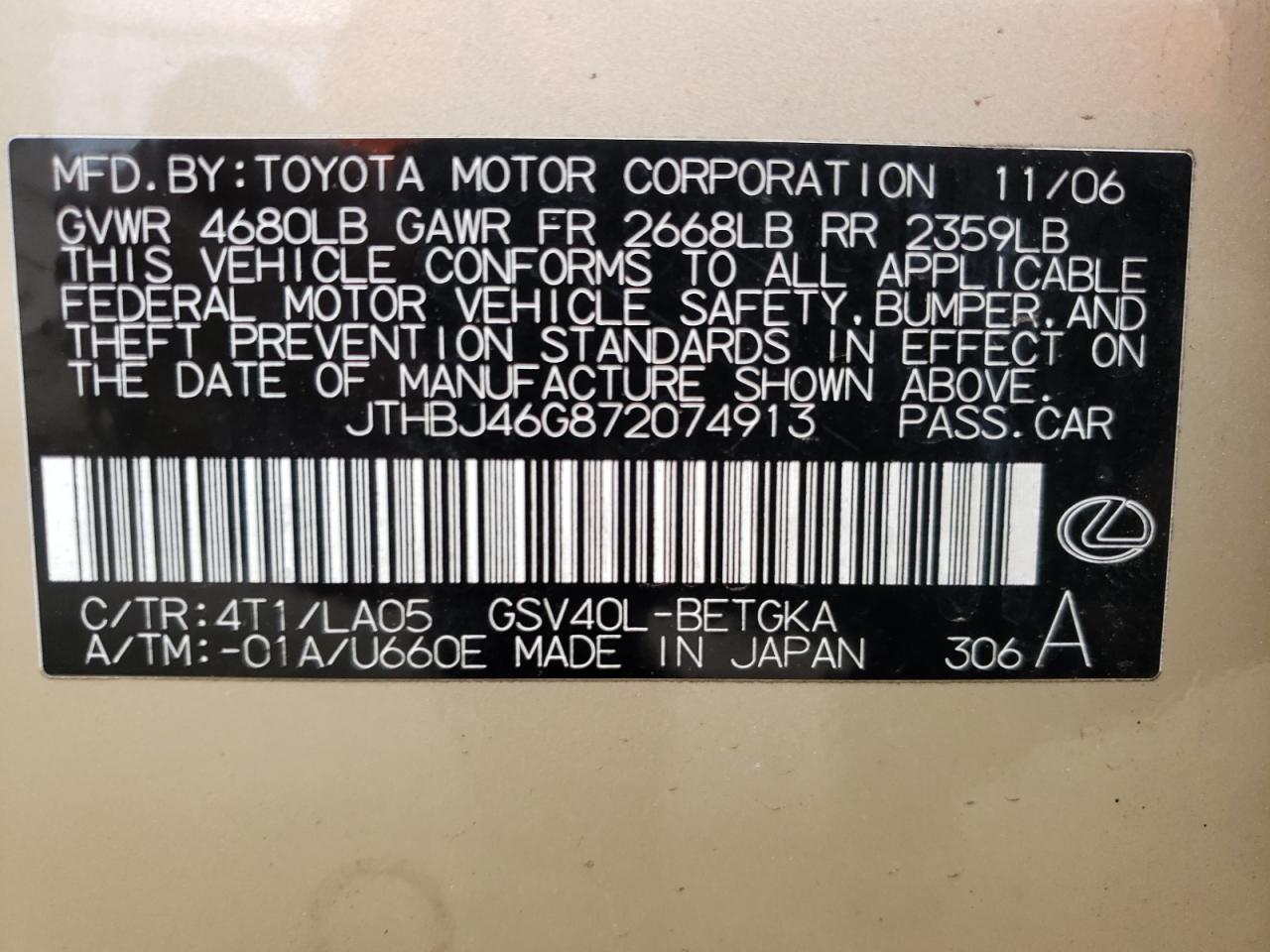 Photo 10 from auction – 2007 LEXUS ES 350 with VIN JTHBJ46G872074913