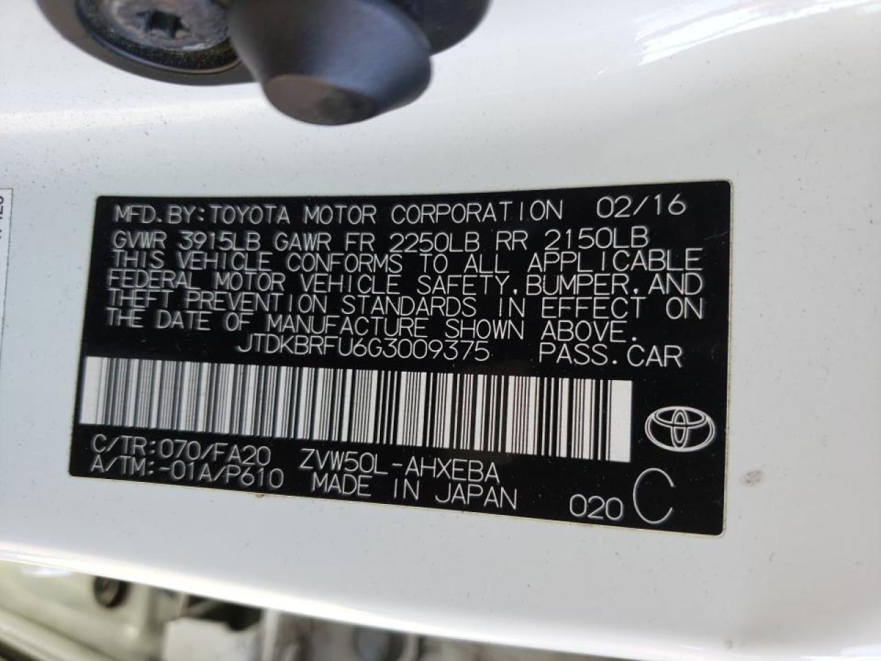 Photo 20 from auction – 2016 TOYOTA PRIUS with VIN JTDKBRFU6G3009375