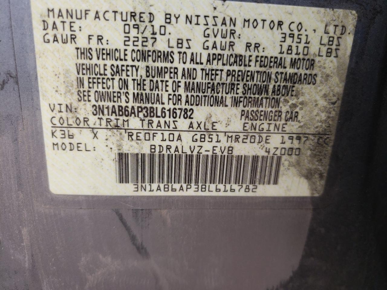 Photo 10 from auction – 2011 NISSAN SENTRA with VIN 3N1AB6AP3BL616782