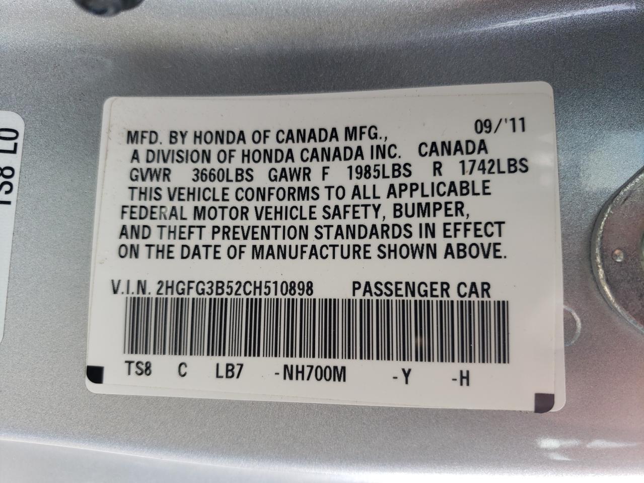 Photo 10 from auction – 2012 HONDA CIVIC LX with VIN 2HGFG3B52CH510898