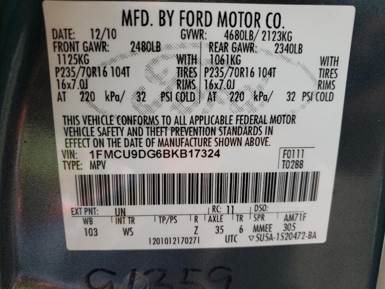 Photo 10 from auction – 2011 FORD ESCAPE XLT with VIN 1FMCU9DG6BKB17324