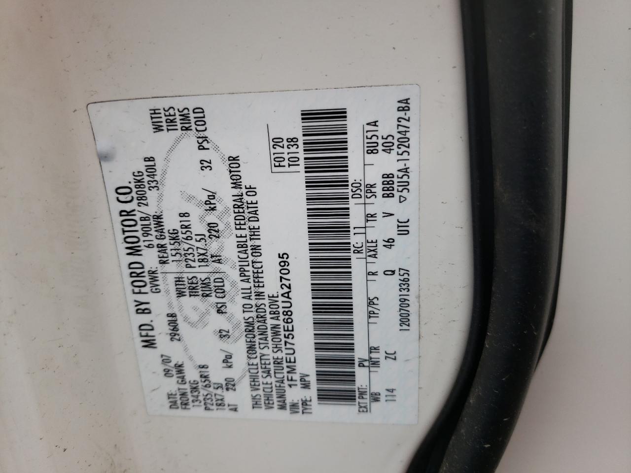 Photo 10 from auction – 2008 FORD EXPLORER L with VIN 1FMEU75E68UA27095