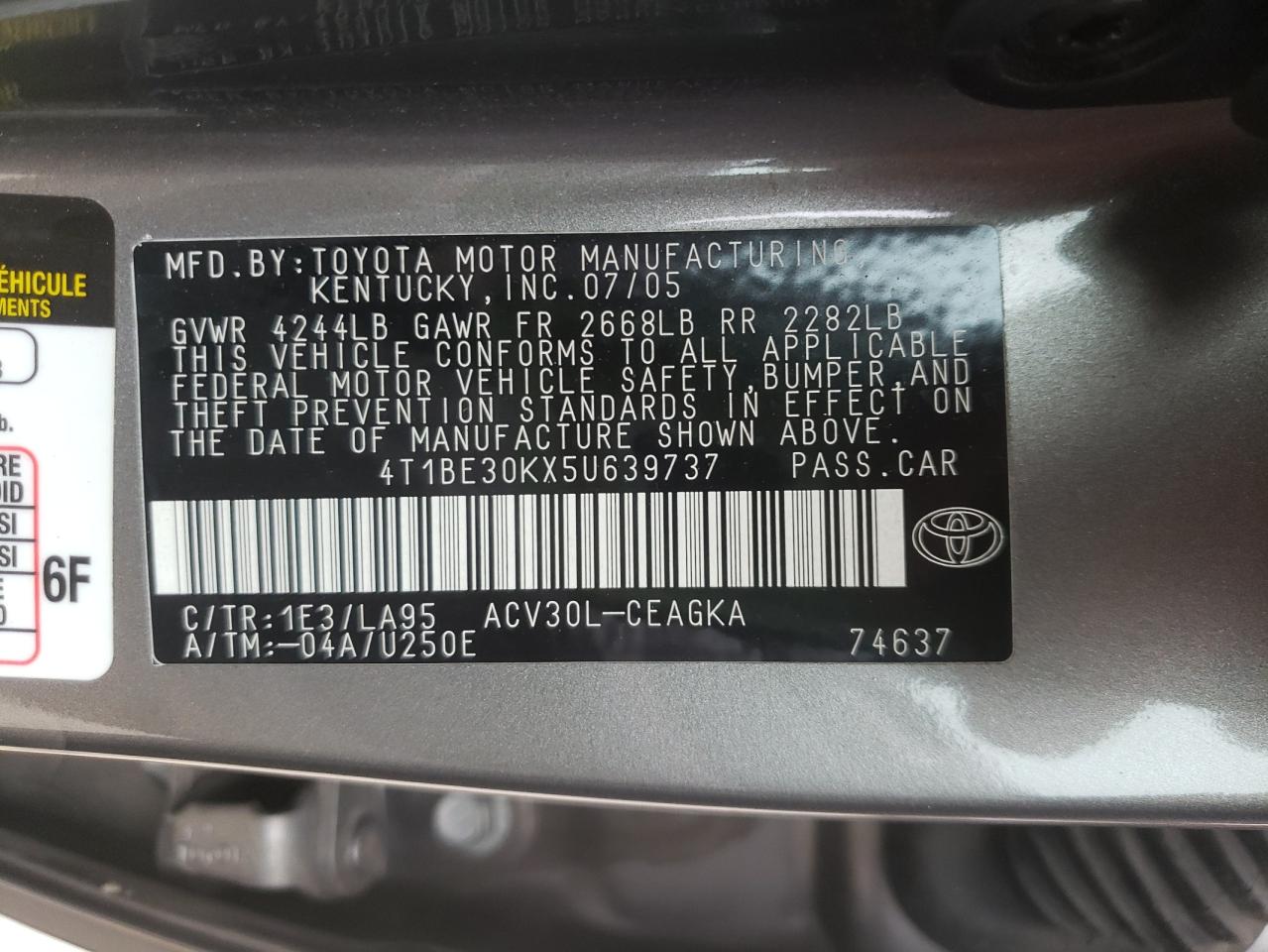 Photo 10 from auction – 2005 TOYOTA CAMRY LE with VIN 4T1BE30KX5U639737