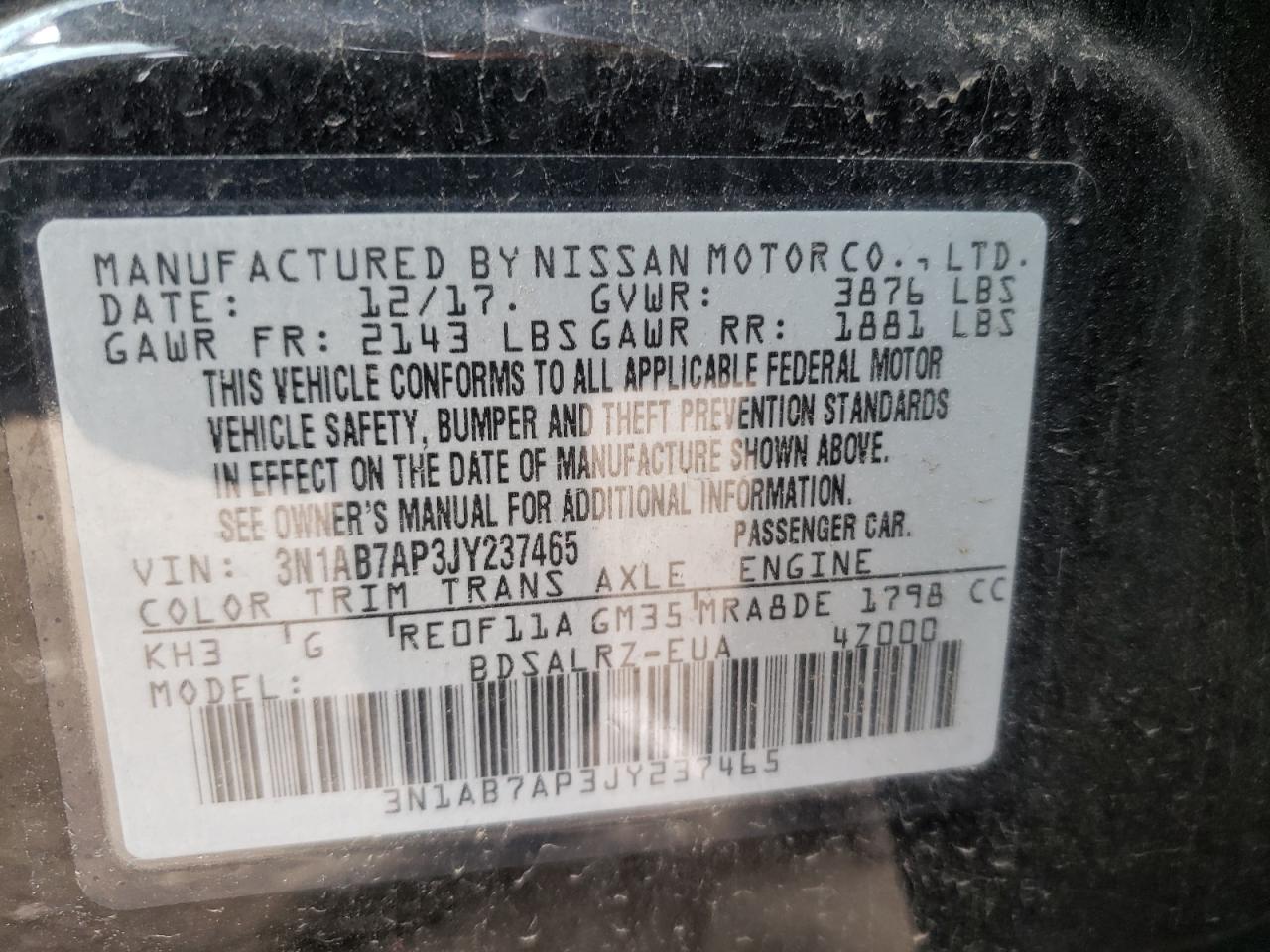 Photo 10 from auction – 2018 NISSAN SENTRA S with VIN 3N1AB7AP3JY237465