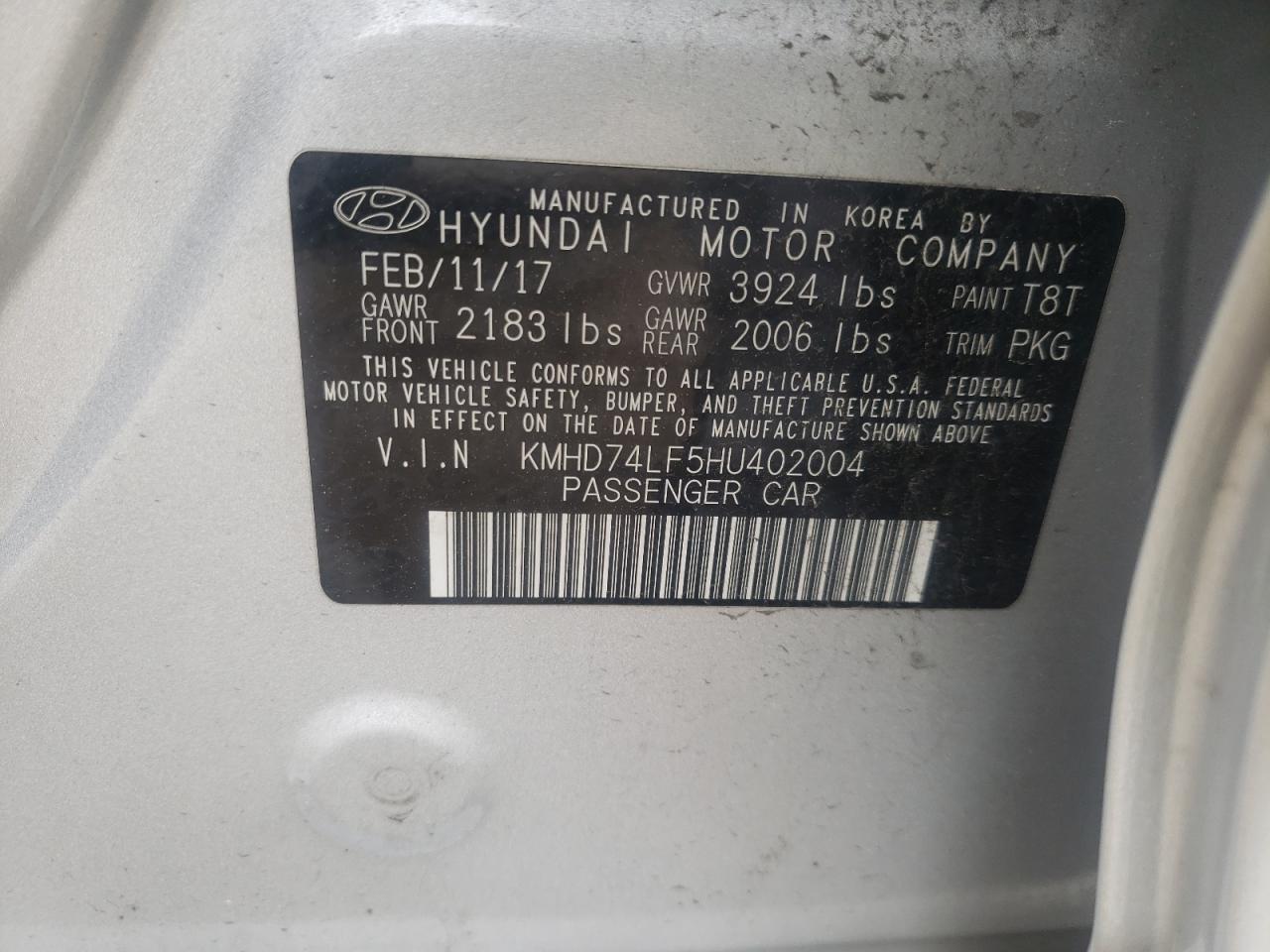 Photo 10 from auction – 2017 HYUNDAI ELANTRA SE with VIN KMHD74LF5HU402004
