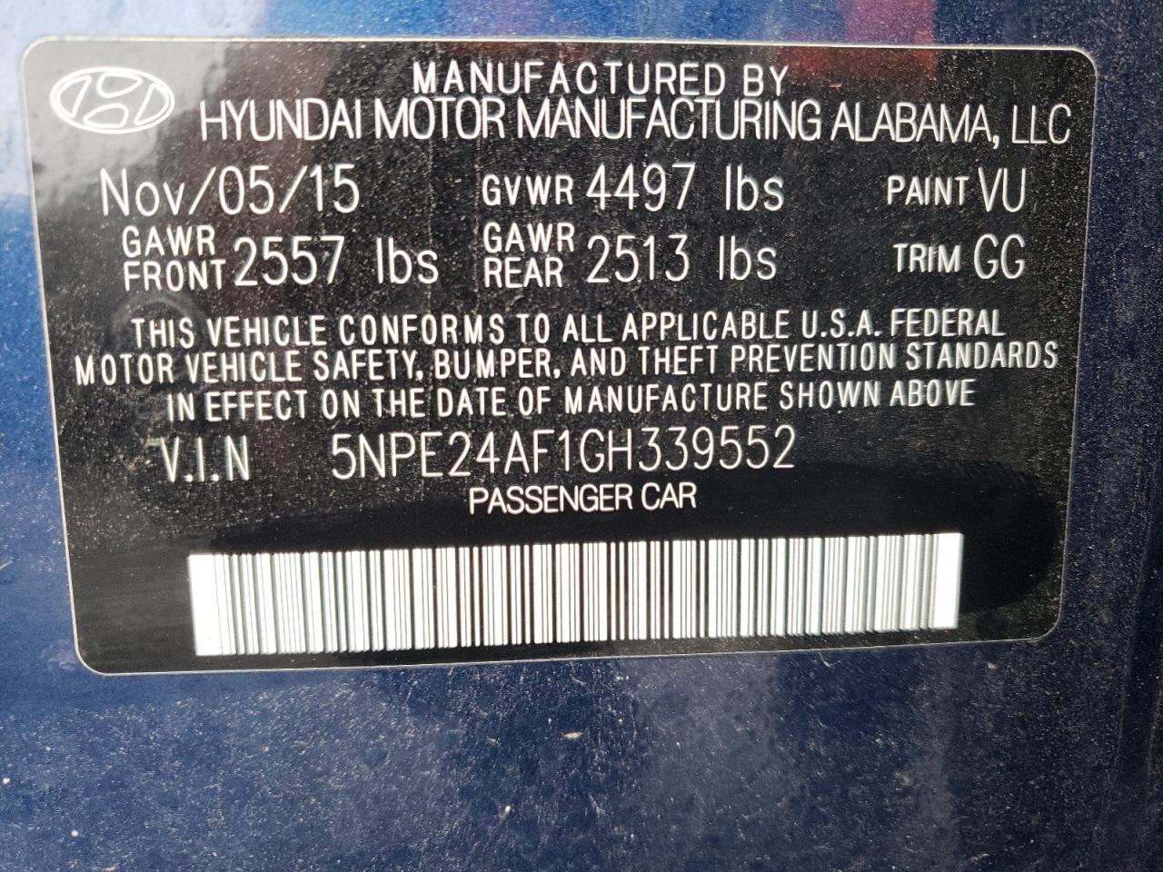 Photo 10 from auction – 2016 HYUNDAI SONATA SE with VIN 5NPE24AF1GH339552