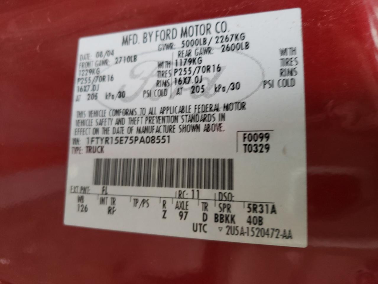 Photo 10 from auction – 2005 FORD RANGER SUP with VIN 1FTYR15E75PA08551