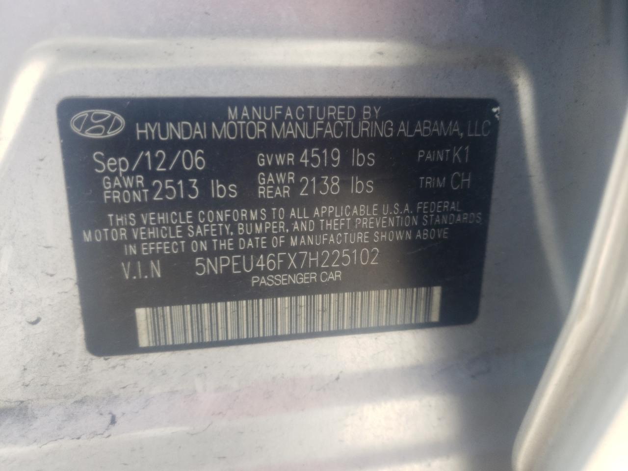 Photo 10 from auction – 2007 HYUNDAI SONATA SE with VIN 5NPEU46FX7H225102