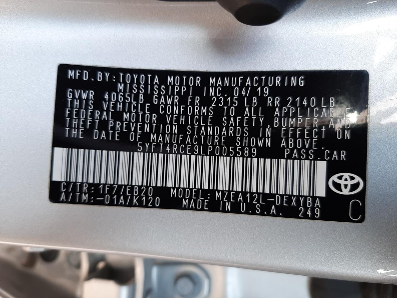 Photo 10 from auction – 2020 TOYOTA COROLLA XS with VIN 5YFT4RCE9LP005589