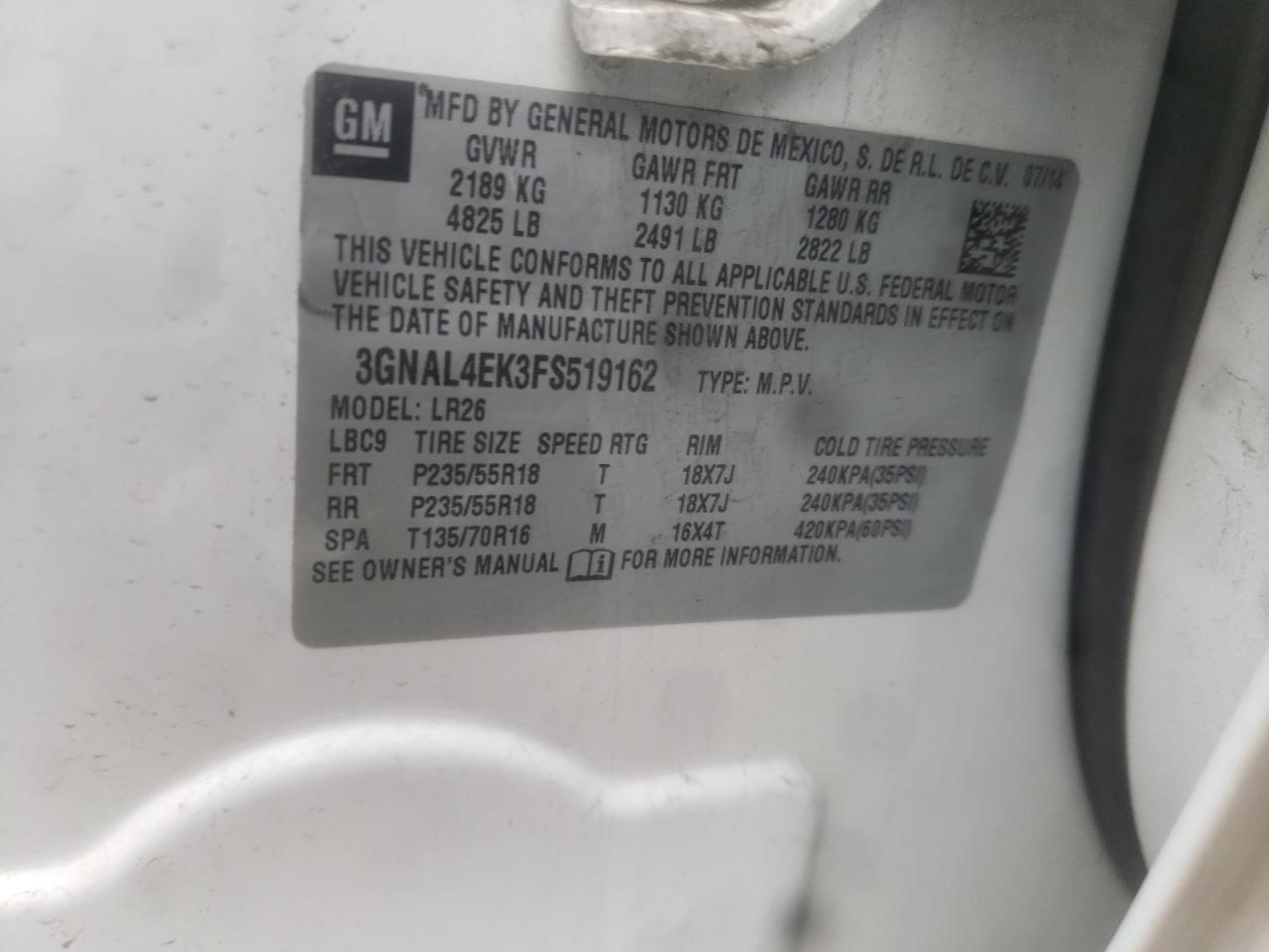 Photo 10 from auction – 2015 CHEVROLET CAPTIVA with VIN 3GNAL4EK3FS519162