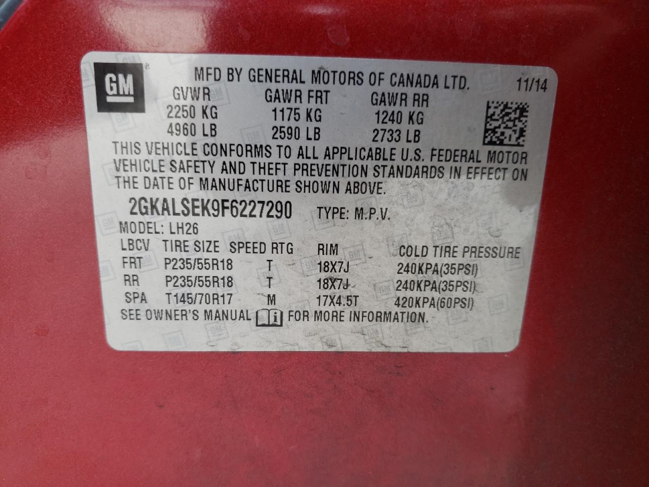 Photo 10 from auction – 2015 GMC TERRAIN SL with VIN 2GKALSEK9F6227290