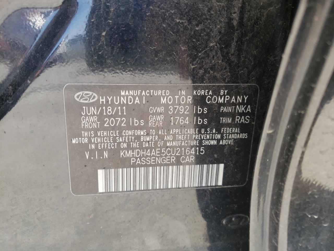 Photo 10 from auction – 2012 HYUNDAI ELANTRA GL with VIN KMHDH4AE5CU216415
