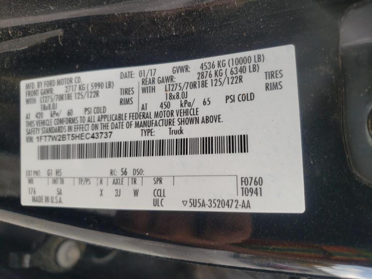 Photo 10 from auction – 2017 FORD F250 SUPER with VIN 1FT7W2BT5HEC43737