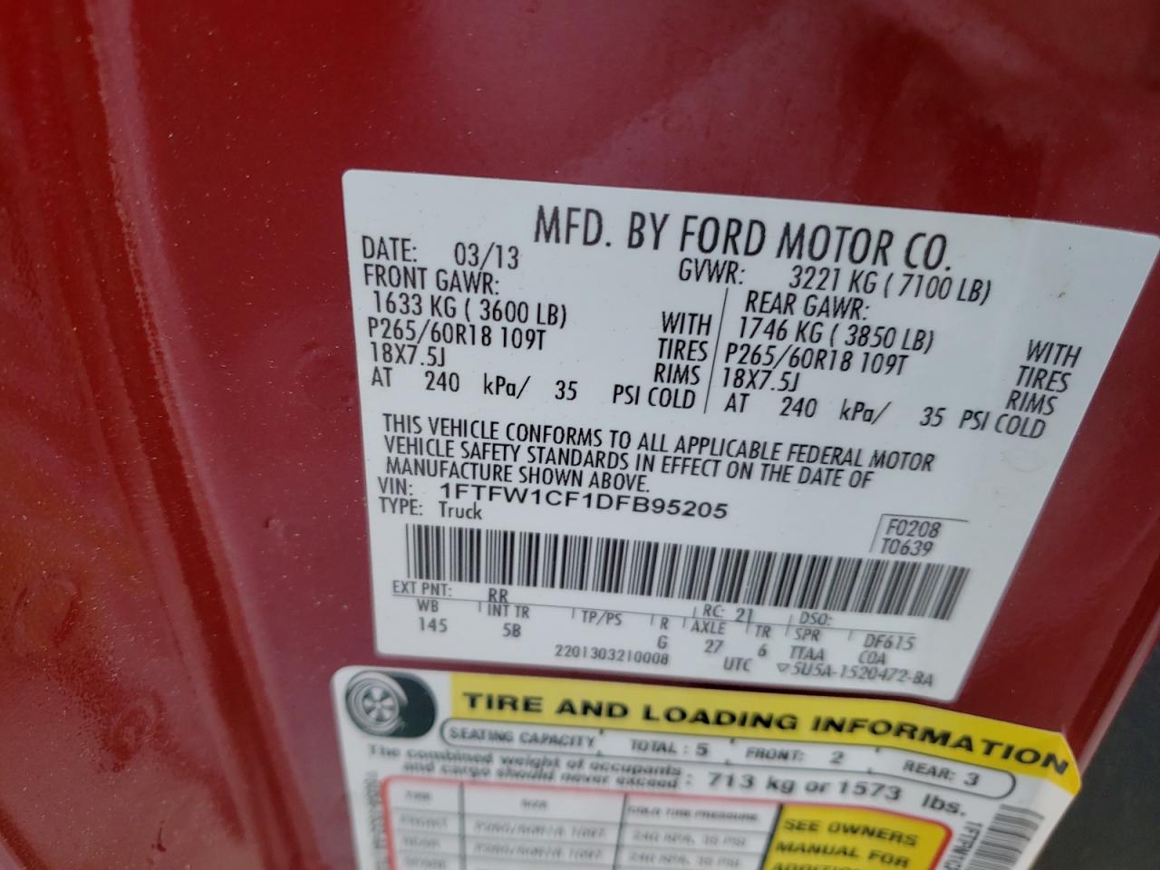 Photo 10 from auction – 2013 FORD F150 SUPER with VIN 1FTFW1CF1DFB95205