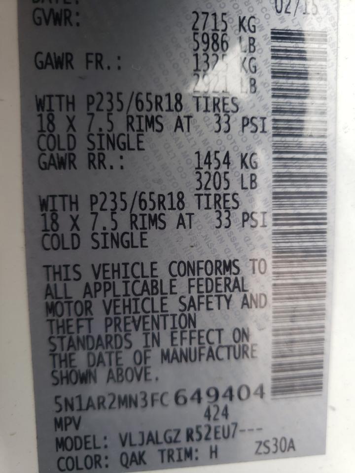 Photo 10 from auction – 2015 NISSAN PATHFINDER with VIN 5N1AR2MN3FC649404