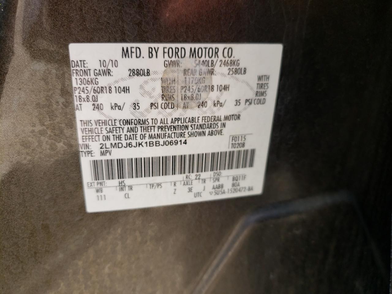 Photo 10 from auction – 2011 LINCOLN MKX with VIN 2LMDJ6JK1BBJ06914