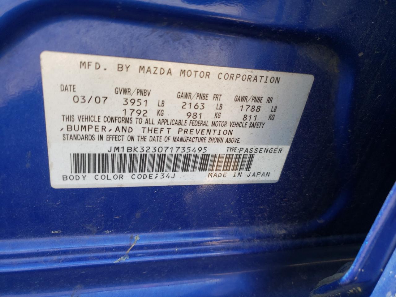 Photo 10 from auction – 2007 MAZDA 3 S with VIN JM1BK323071735495