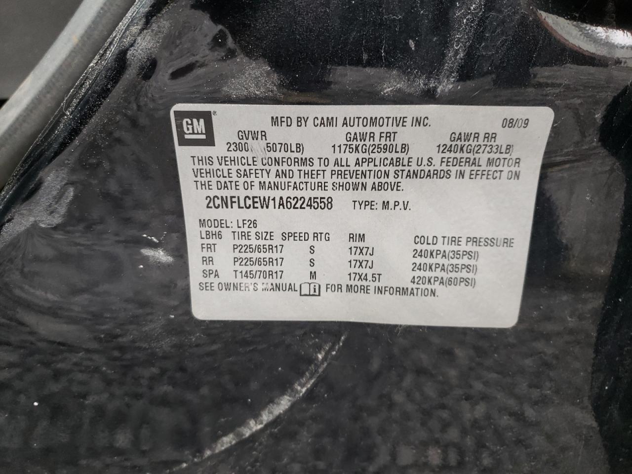 Photo 10 from auction – 2010 CHEVROLET EQUINOX LS with VIN 2CNFLCEW1A6224558