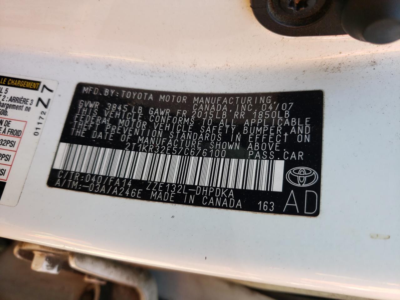 Photo 10 from auction – 2007 TOYOTA MATRIX with VIN 2T1KR32E57C676100