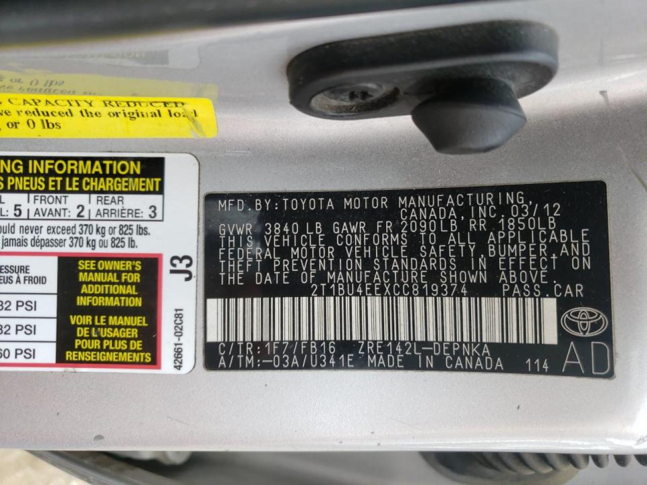 Photo 10 from auction – 2012 TOYOTA COROLLA BA with VIN 2T1BU4EEXCC819374