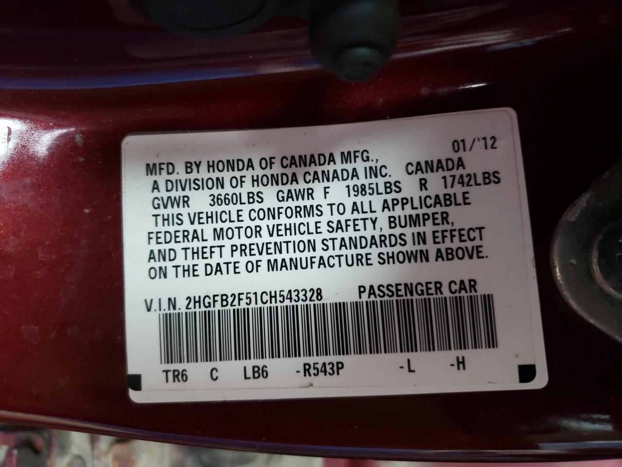 Photo 10 from auction – 2012 HONDA CIVIC LX with VIN 2HGFB2F51CH543328