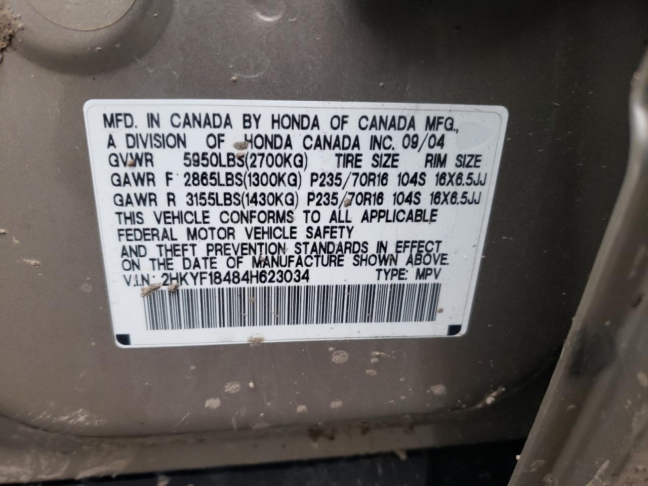 Photo 10 from auction – 2004 HONDA PILOT EX with VIN 2HKYF18484H623034