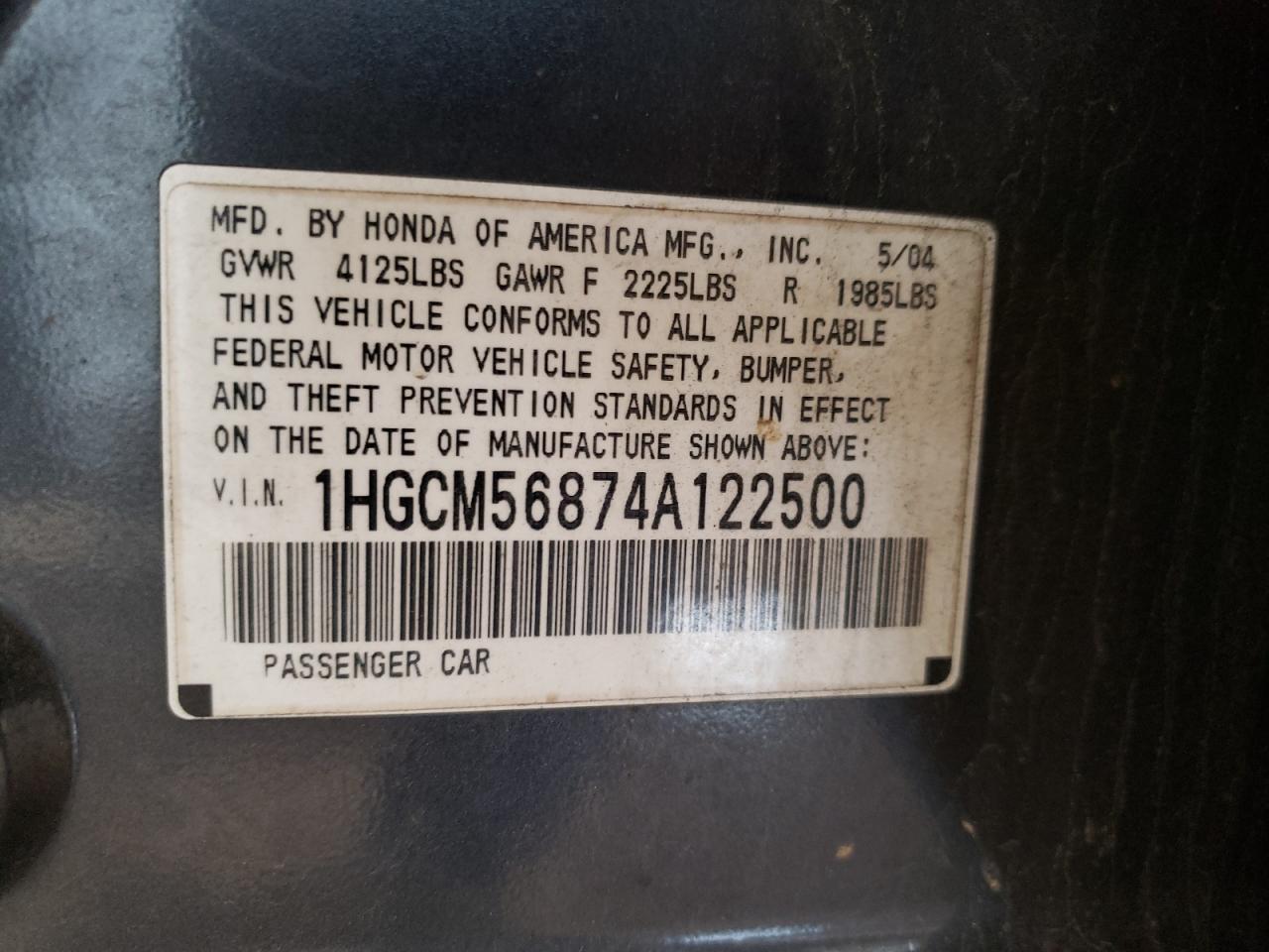 Photo 10 from auction – 2004 HONDA ACCORD EX with VIN 1HGCM56874A122500