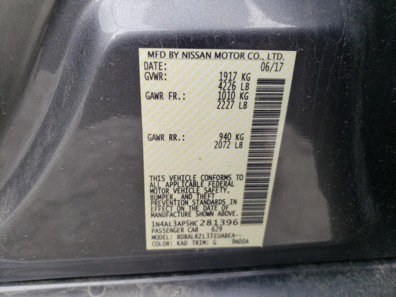 Photo 10 from auction – 2017 NISSAN ALTIMA 2.5 with VIN 1N4AL3AP5HC281396