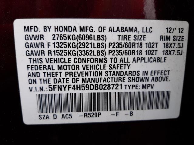 Photo 10 from auction – 2013 HONDA PILOT EXL with VIN 5FNYF4H59DB028721