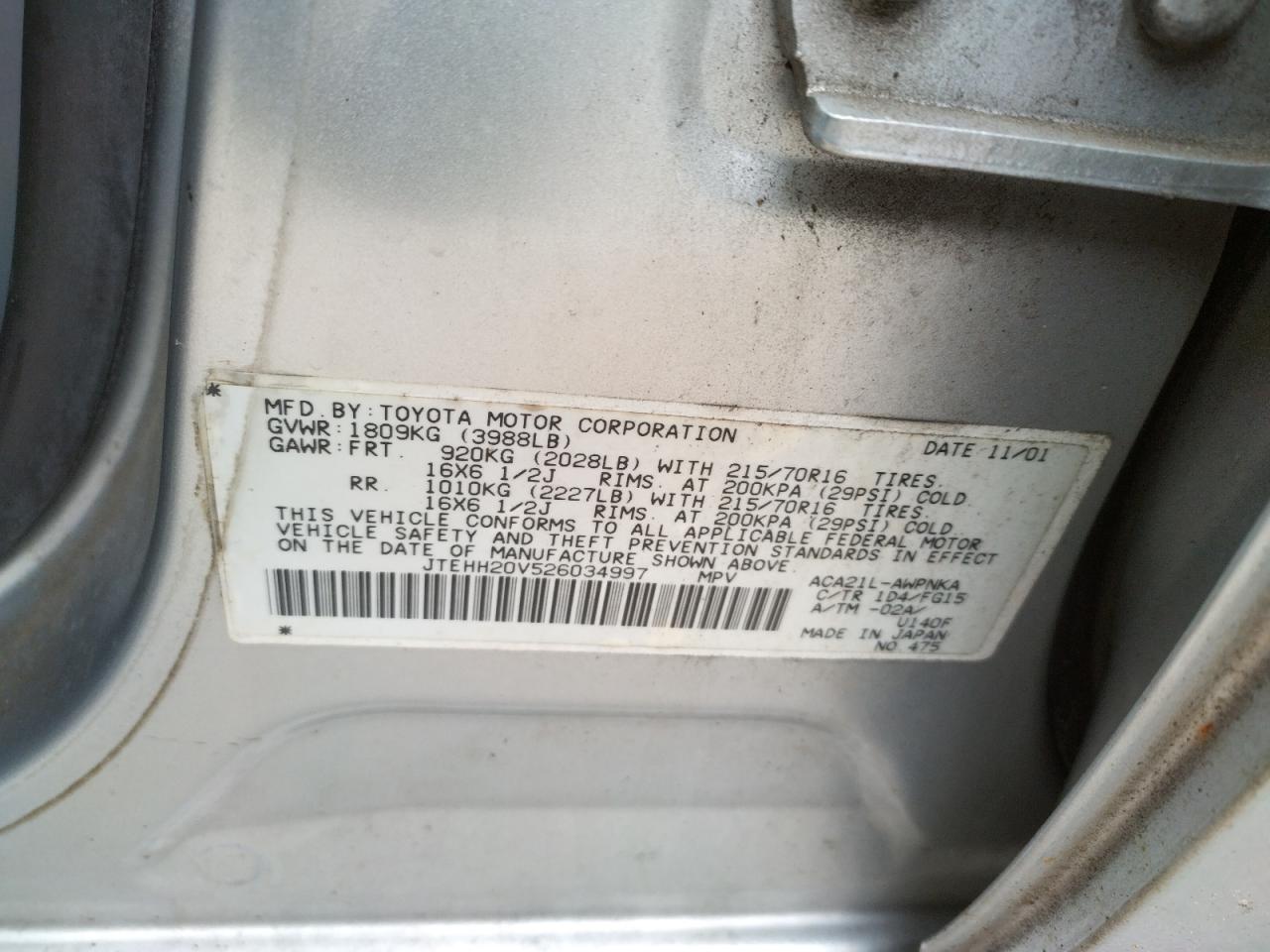 Photo 10 from auction – 2002 TOYOTA RAV4 with VIN JTEHH20V526034997