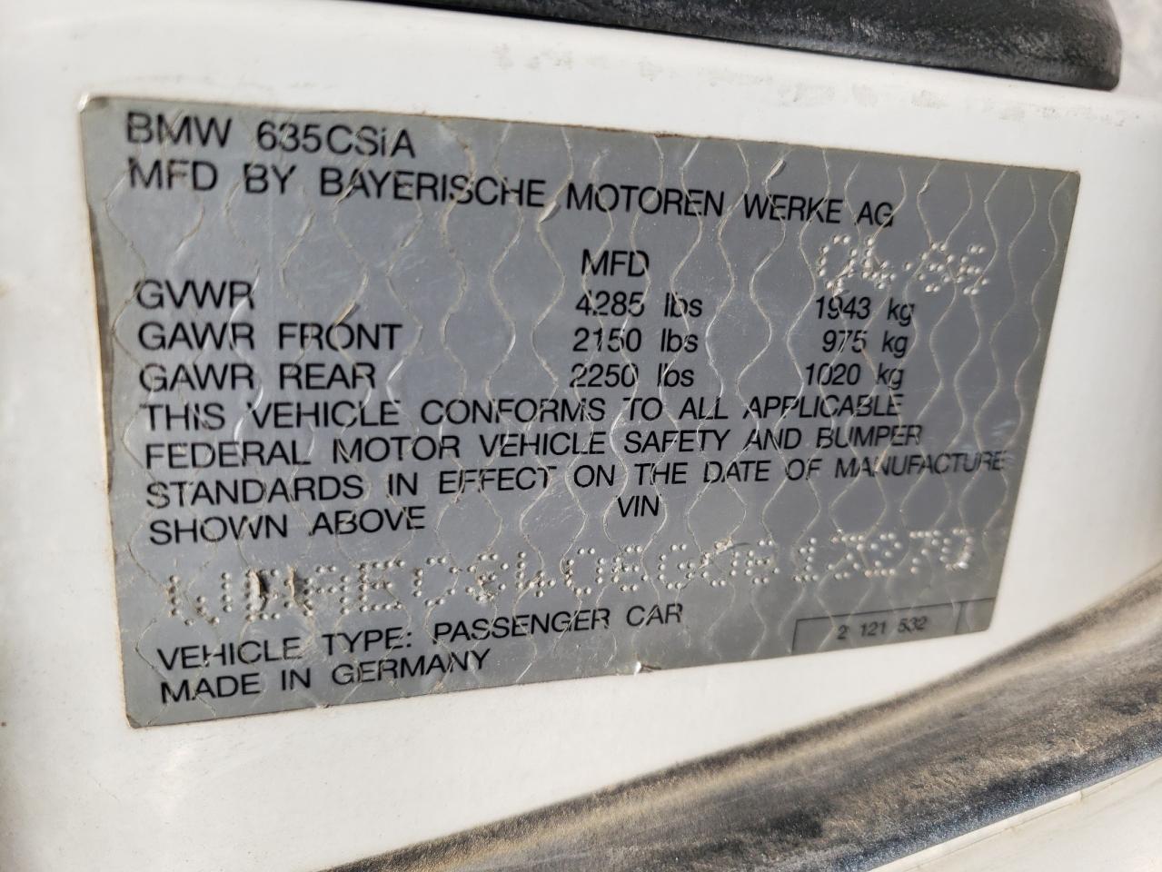 Photo 10 from auction – 1986 BMW 635 CSI AU with VIN WBAEC8406G0613270