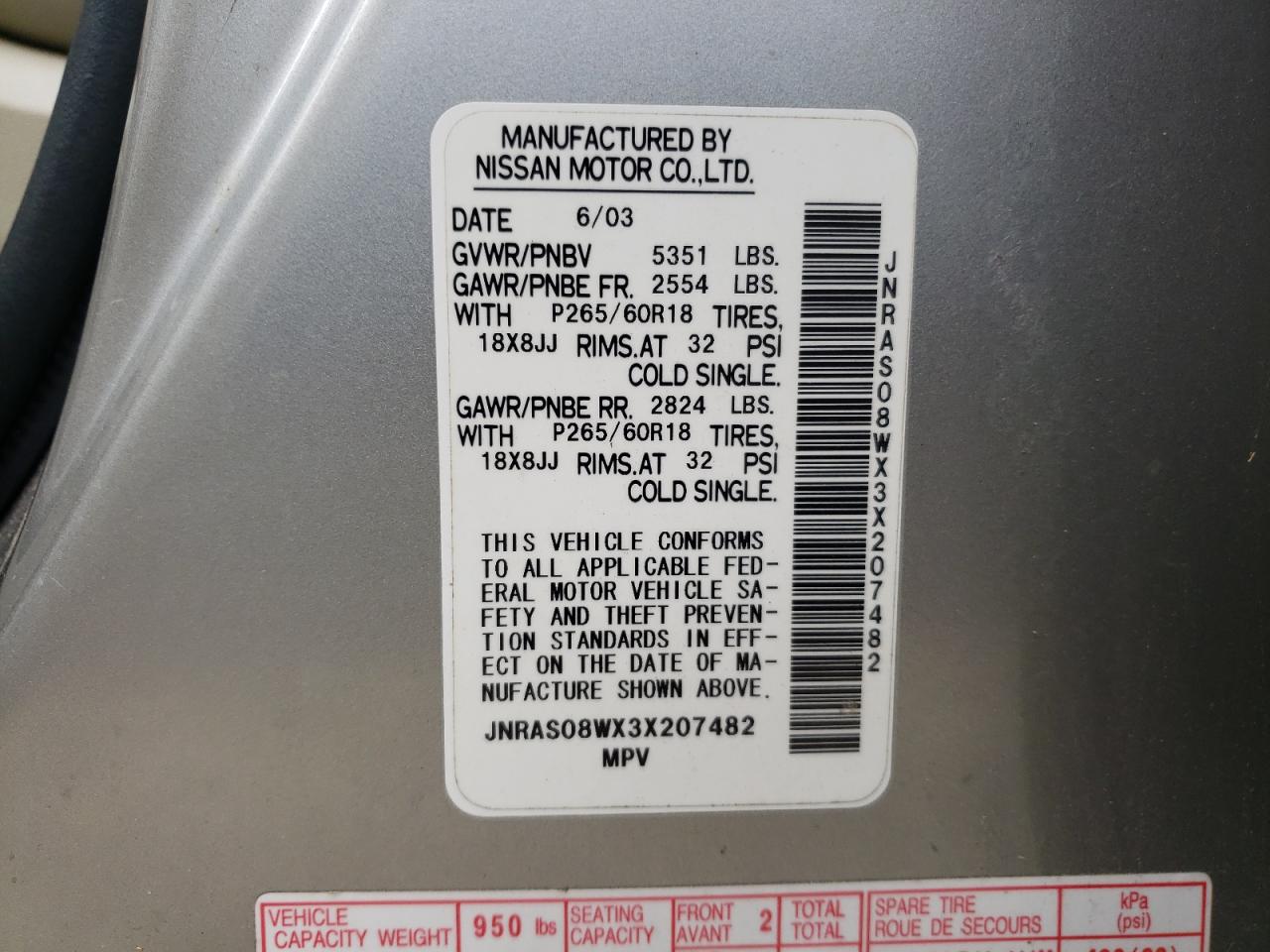 Photo 10 from auction – 2003 INFINITI FX35 with VIN JNRAS08WX3X207482