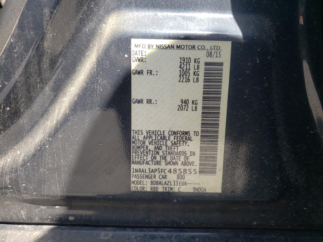 Photo 10 from auction – 2015 NISSAN ALTIMA 2.5 with VIN 1N4AL3AP5FC485855
