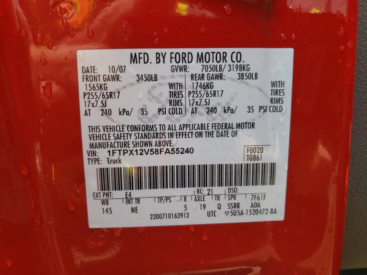 Photo 10 from auction – 2008 FORD F150 with VIN 1FTPX12V58FA55240