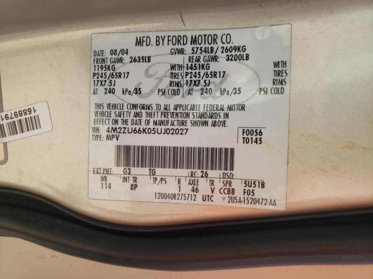 Photo 10 from auction – 2005 MERCURY MOUNTAINEE with VIN 4M2ZU66K05UJ02027