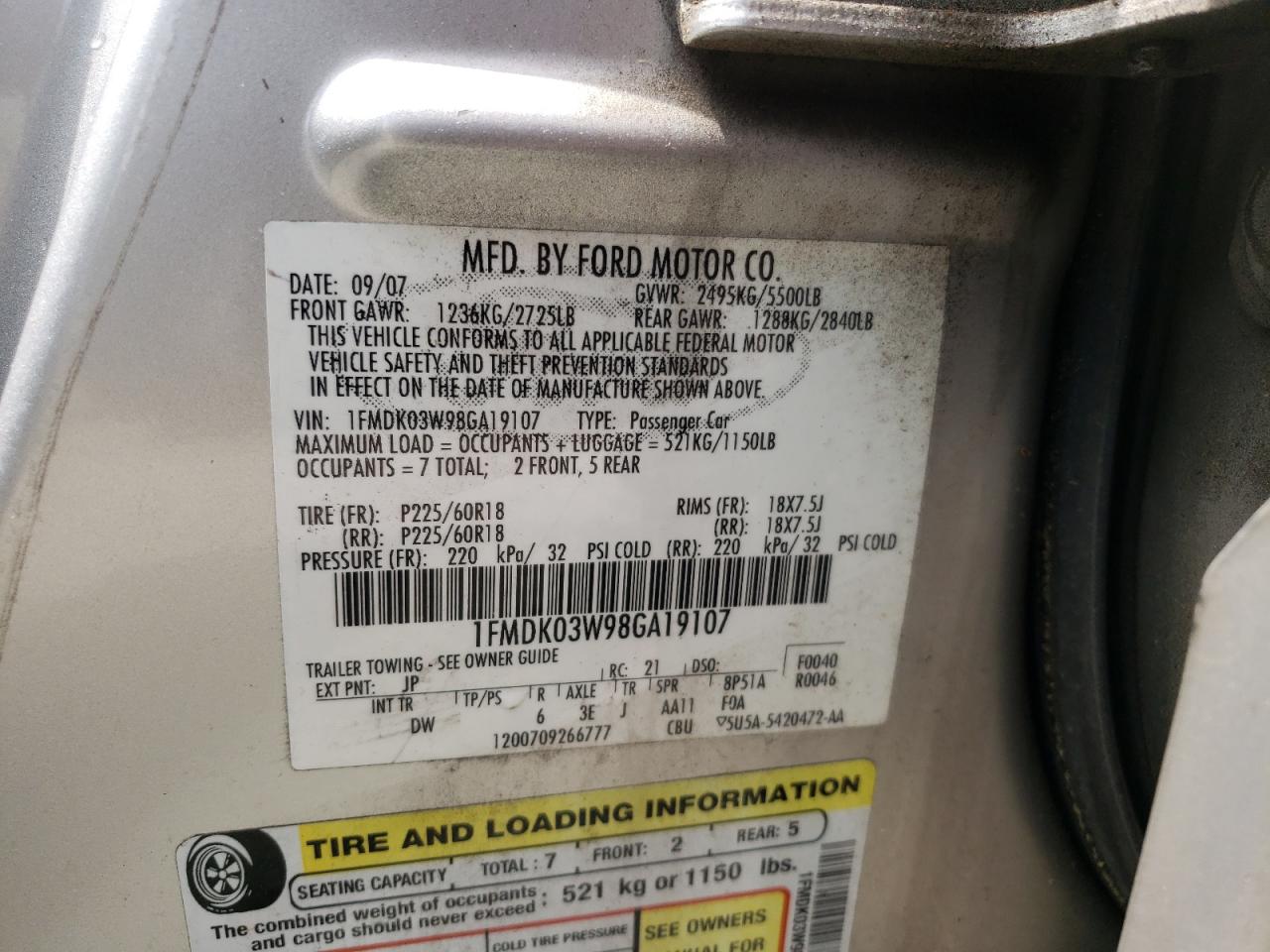 Photo 10 from auction – 2008 FORD TAURUS X L with VIN 1FMDK03W98GA19107