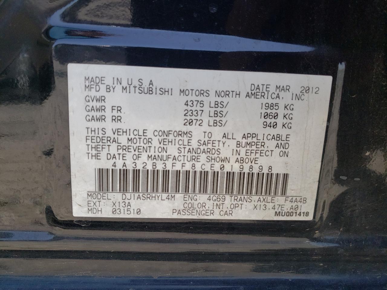 Photo 10 from auction – 2012 MITSUBISHI GALANT ES with VIN 4A32B3FF8CE019898