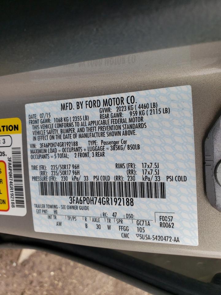 Photo 10 from auction – 2016 FORD FUSION SE with VIN 3FA6P0H74GR192188