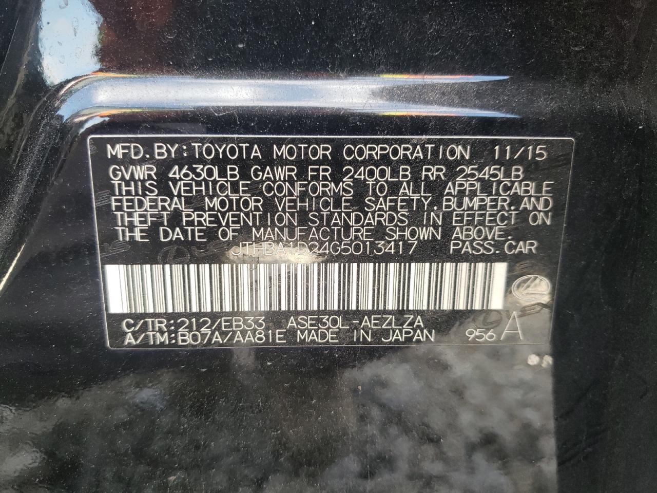Photo 10 from auction – 2016 LEXUS IS 200T with VIN JTHBA1D24G5013417
