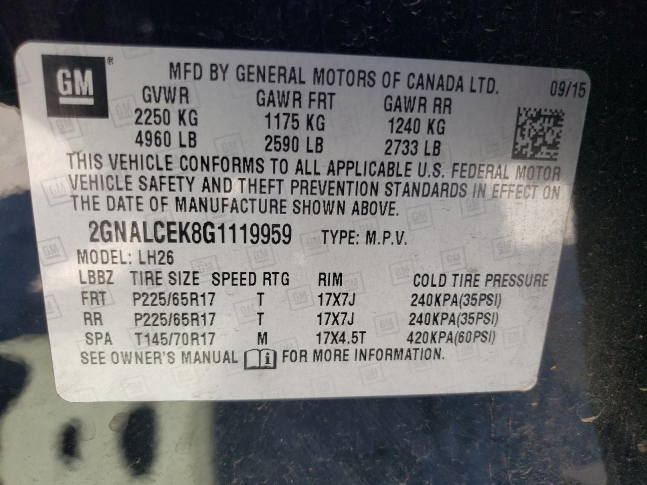 Photo 10 from auction – 2016 CHEVROLET EQUINOX LT with VIN 2GNALCEK8G1119959