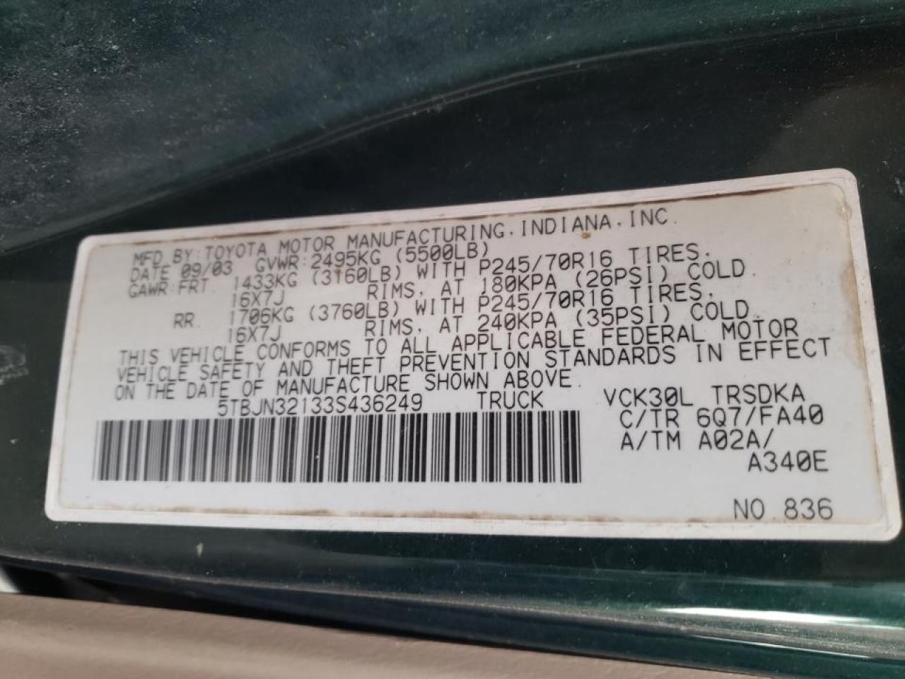 Photo 10 from auction – 2003 TOYOTA TUNDRA with VIN 5TBJN32133S436249