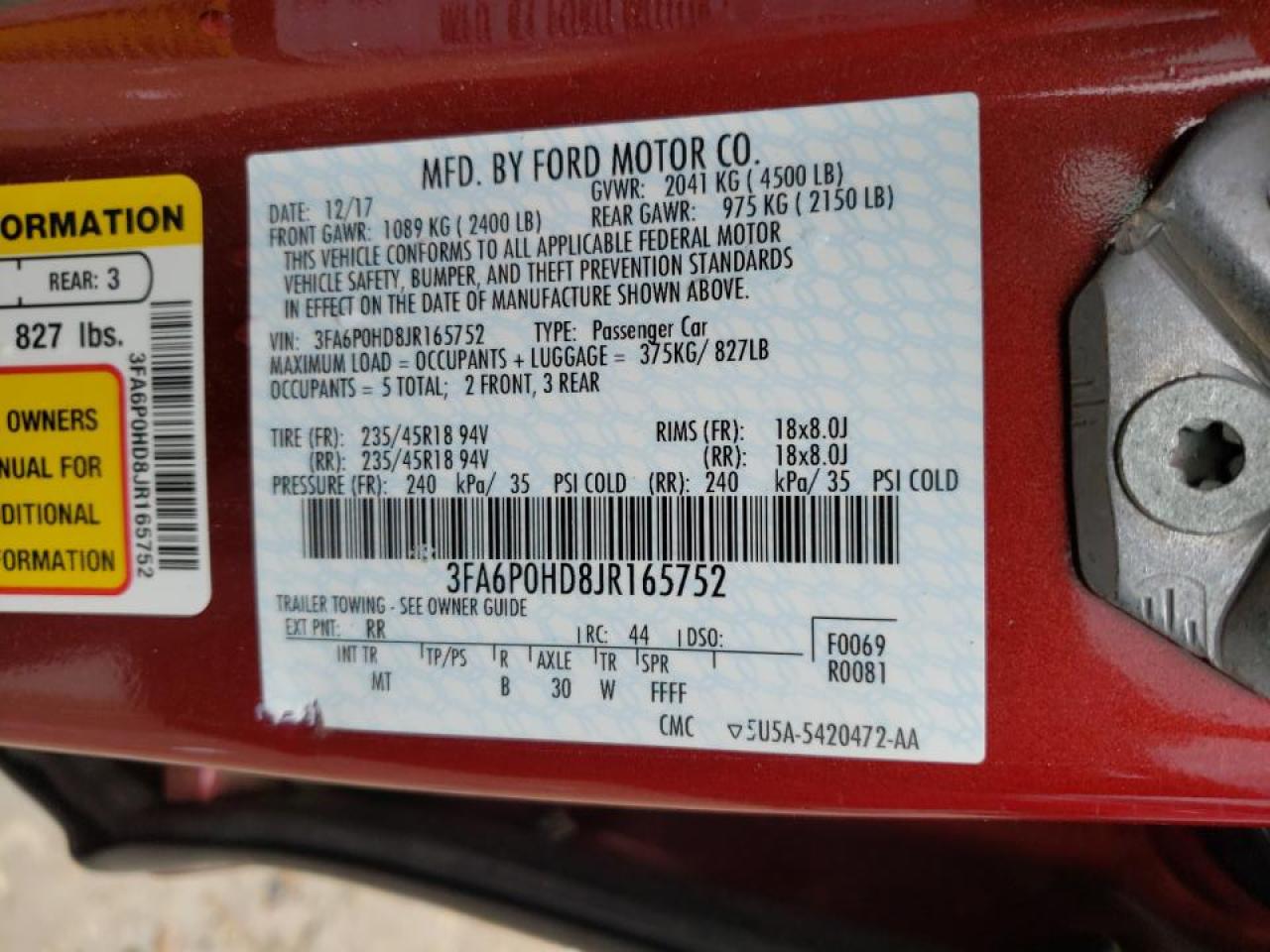 Photo 10 from auction – 2018 FORD FUSION SE with VIN 3FA6P0HD8JR165752