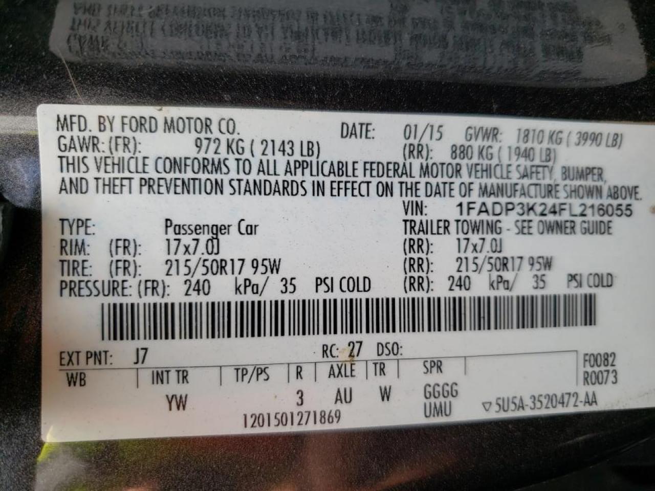 Photo 10 from auction – 2015 FORD FOCUS SE with VIN 1FADP3K24FL216055